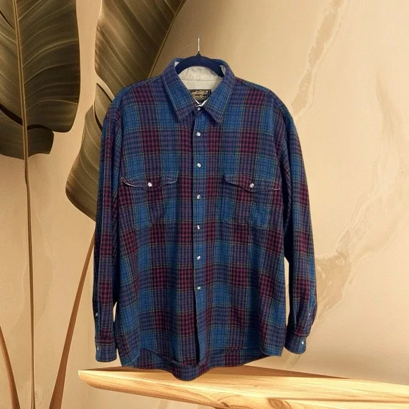 Eddie Bauer Men's XL Wool Vtg 90's Plaid Shirt Red Green Multi Outdoor - Picture 16 of 16